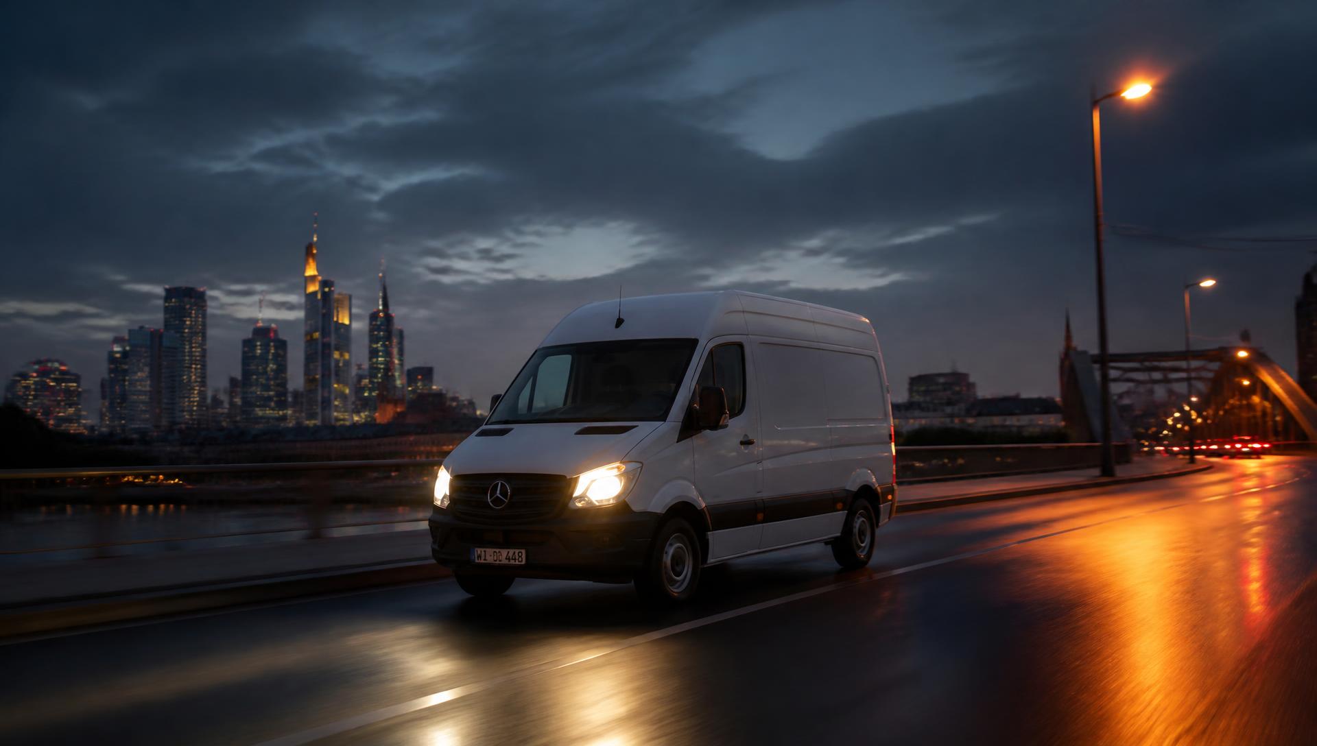 Weißer Transporter von Move Logistik auf nasser Straße in der Abenddämmerung mit Frankfurter Skyline im Hintergrund