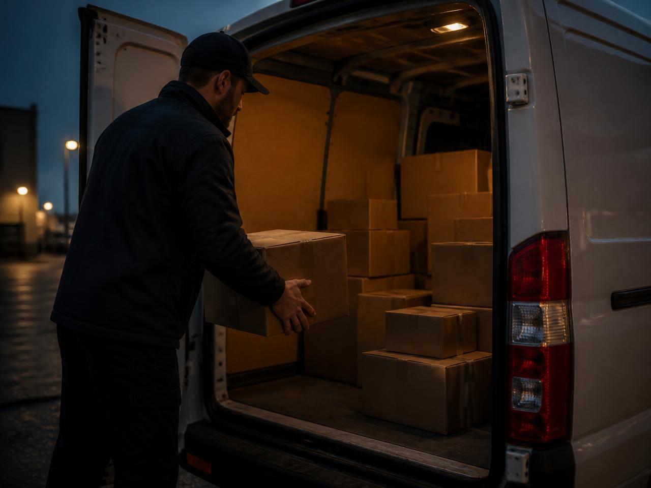 Fahrer belädt einen Transporter mit Kartons in der Abenddämmerung